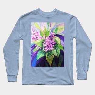 Lilacs watercolour painting with psychedelic background Long Sleeve T-Shirt